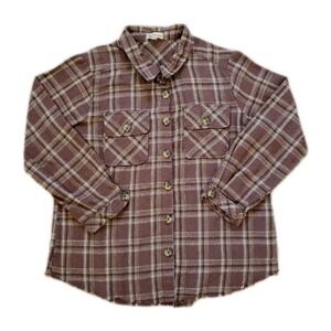 Democracy Women's Plaid Flannel Shacket Brown L Relaxed Fit Raw Hem Preppy‎ Cozy